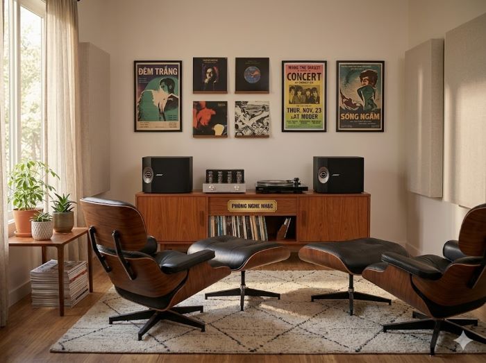 Góc nghe nhạc đĩa than ngoài trời cổ điển với hệ thống âm thanh Hi-Fi