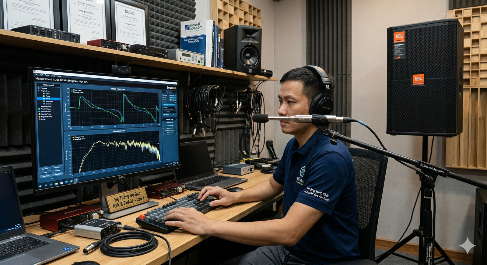 Chuyên gia âm thanh Thế Giới Audio Số dùng micro đo lường chuyên dụng và phần mềm Smaart V8 phân tích đáp tuyến pha (Phase) của loa JBL khi bị ép công suất.