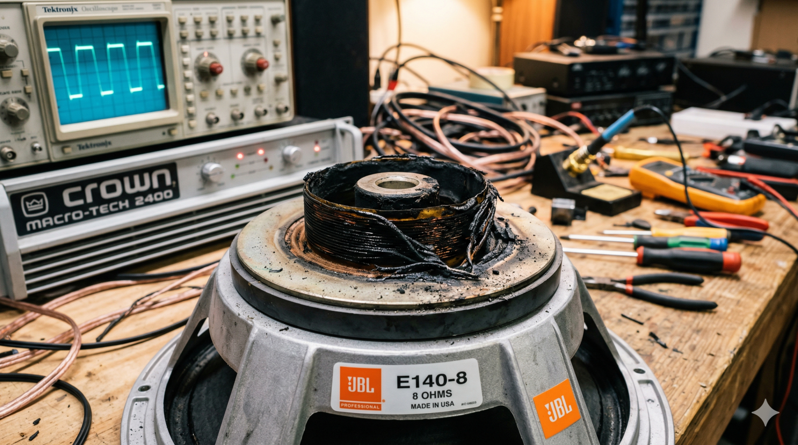 : Cận cảnh cuộn voice coil của củ loa bass JBL bị cháy đen thui do thợ setup sử dụng cục đẩy thiếu công suất gây ra hiện tượng xén xung Clipping liên tục.