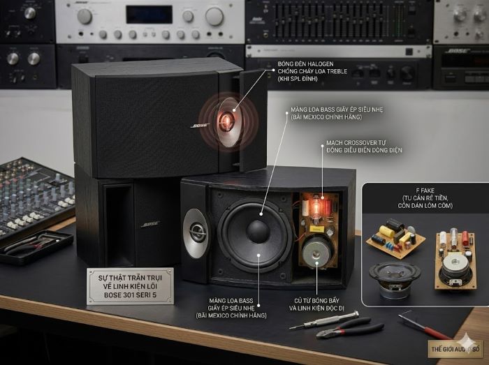 Mổ xẻ chi tiết cấu trúc màng loa bass và củ từ nam châm của dòng loa huyền thoại Bose 301 Seri 5 bãi Mexico chính hãng