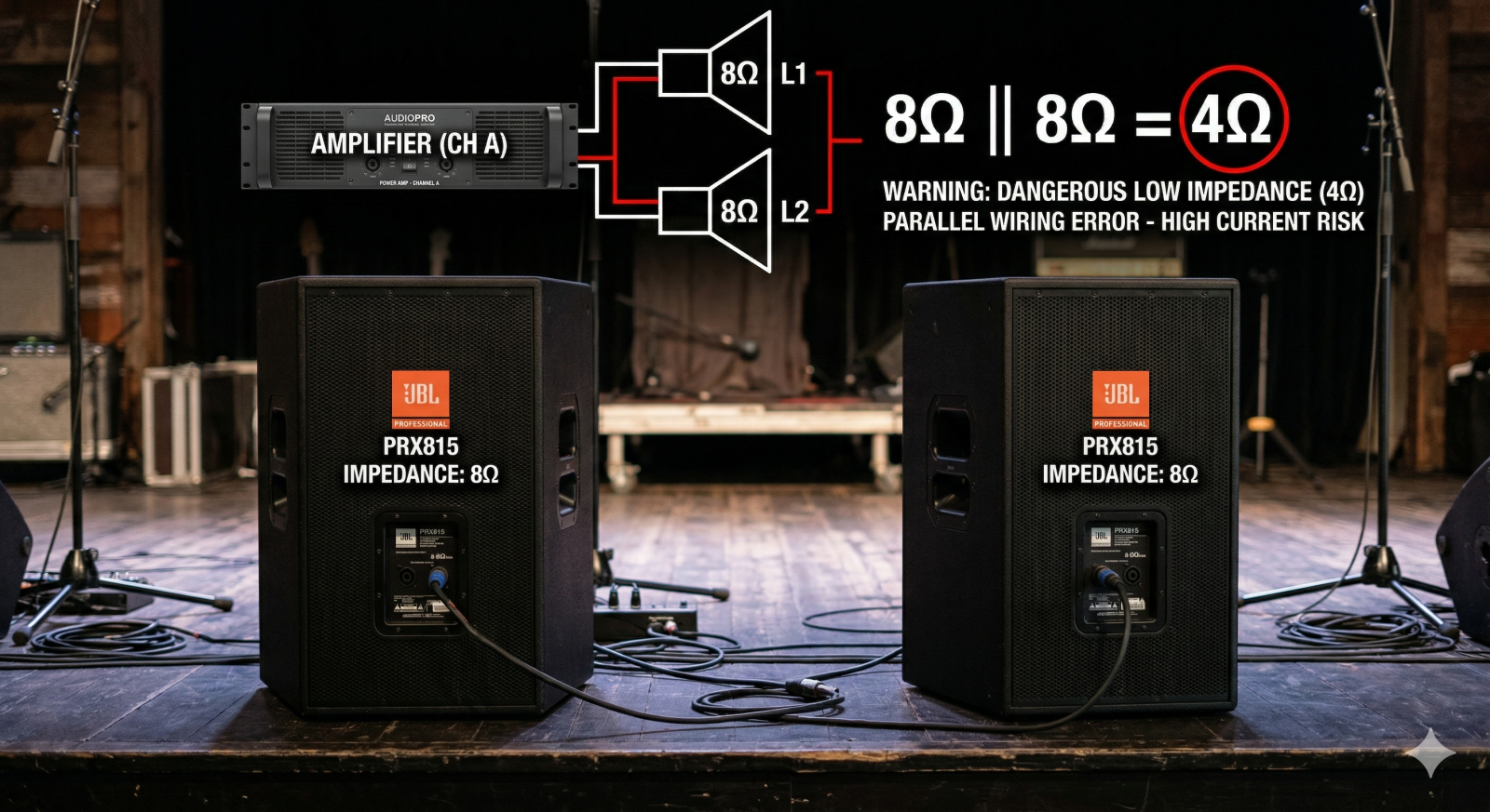 Mô phỏng lỗi kỹ thuật khi đấu nối song song hai quả loa hội trường JBL 8 ohm vào chung một kênh cục đẩy khiến trở kháng tổng tụt xuống ngưỡng nguy hiểm 4 ohm.